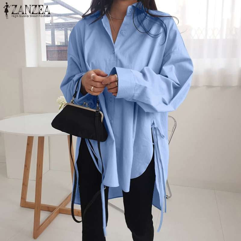 Camisas sólidas elegantes blusa assimétrica feminina 2025 zanzea casual rendas a