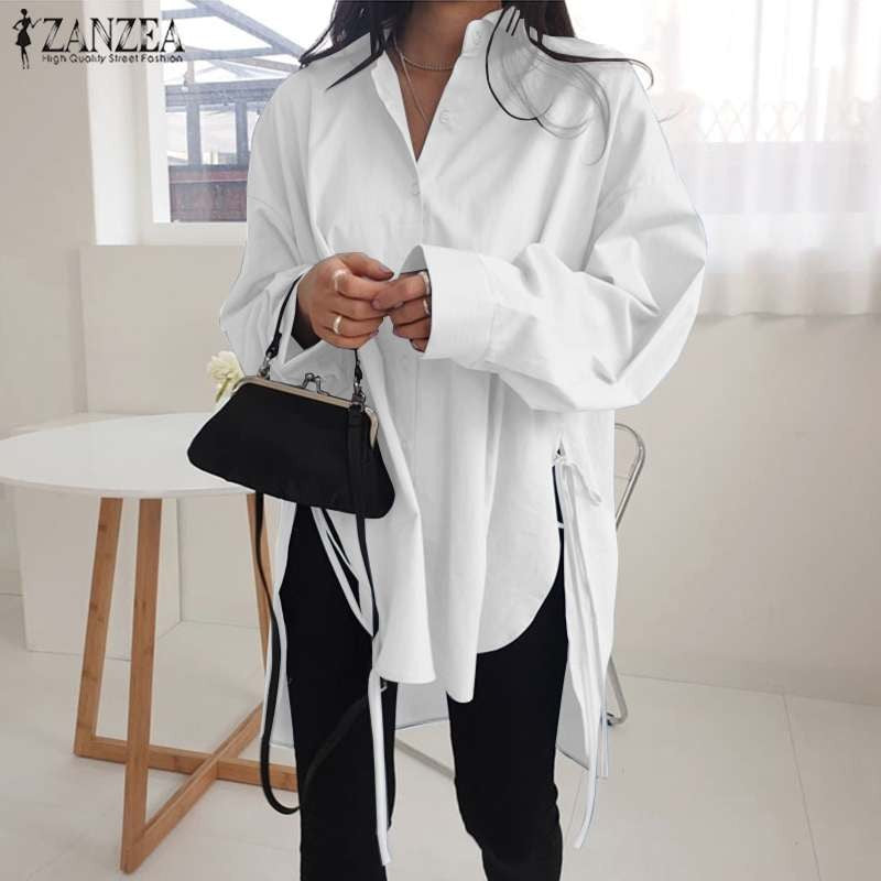 Camisas sólidas elegantes blusa assimétrica feminina 2025 zanzea casual rendas a