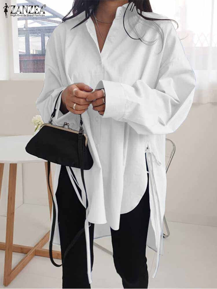 Camisas sólidas elegantes blusa assimétrica feminina 2025 zanzea casual rendas a