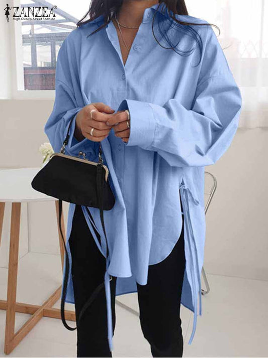 Camisas sólidas elegantes blusa assimétrica feminina 2025 zanzea casual rendas a